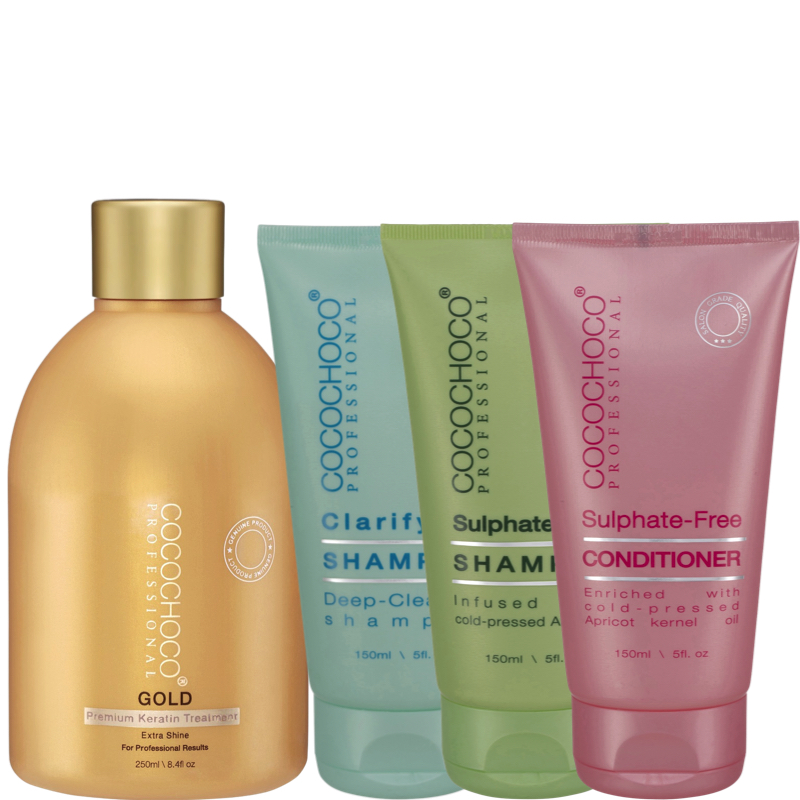 COCOCHOCO Brazílsky keratín sada Gold 250ml (24k zlato. Pre extra hladké a lesklé vlasy) 4 ks